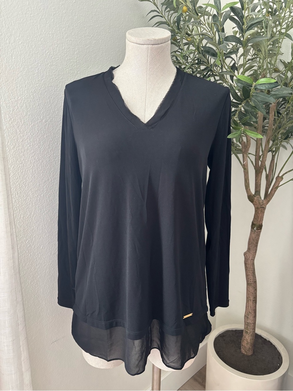 Ellen Tracy Black V-Neck Long Sleeve Sheer-Hem Top